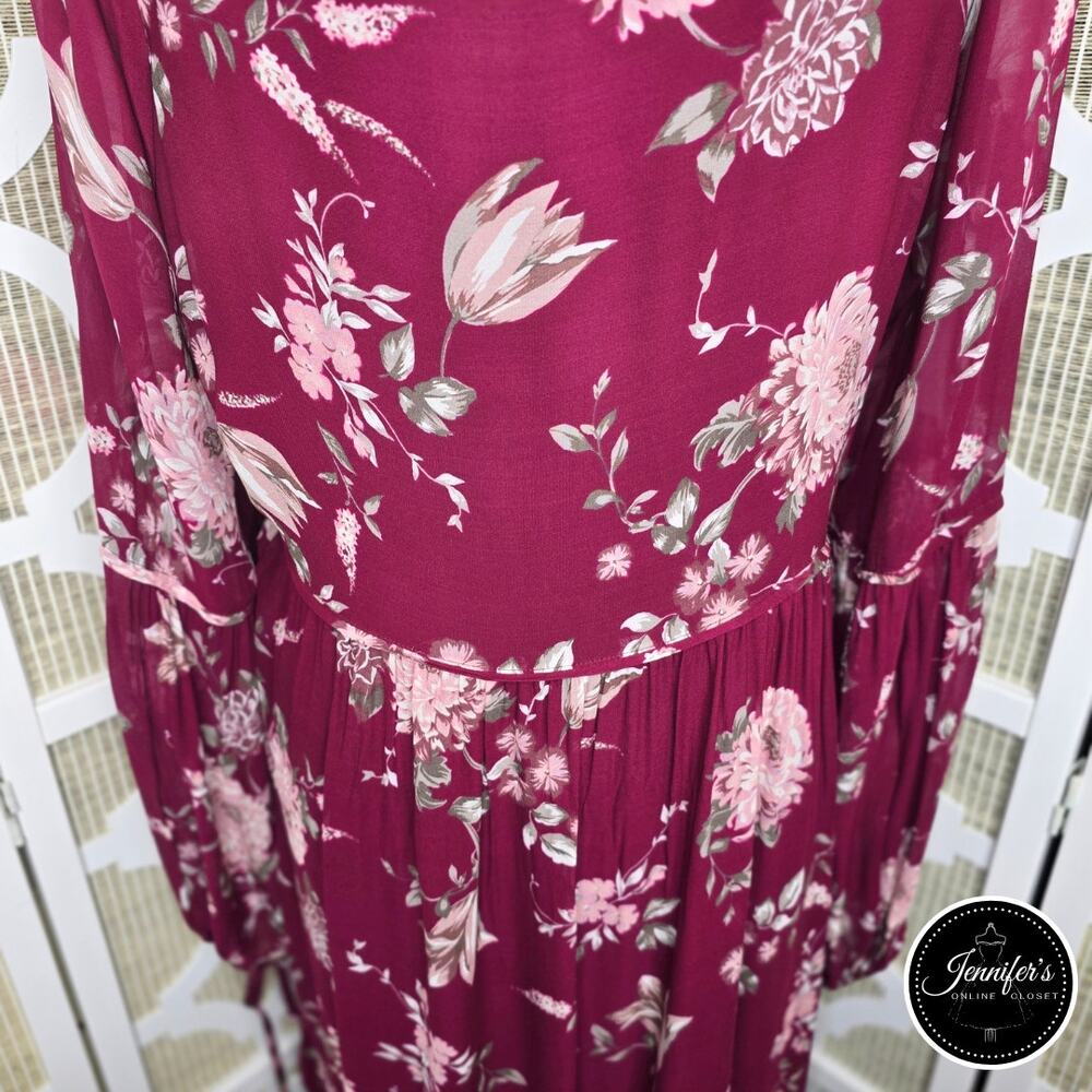 Anthropologie Evelin Maroon/Wine Floral Long Sleeve Chiffon Maxi Dress Size XL - Picture 12 of 16